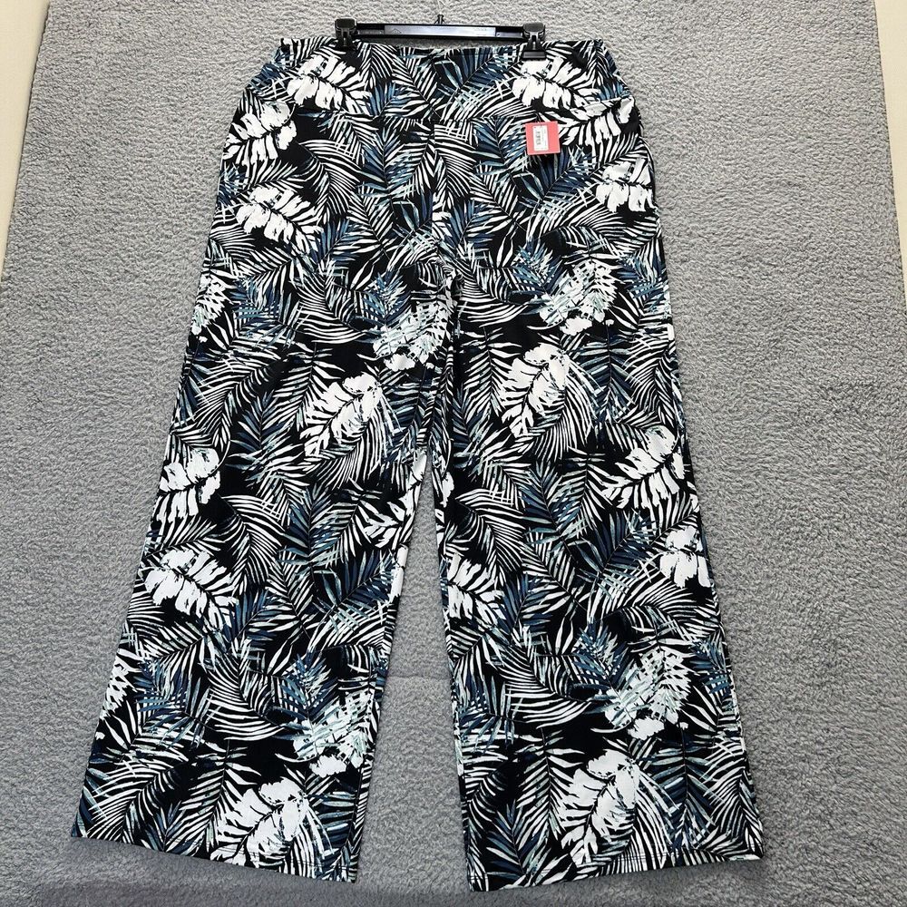 Spanx Pants Womens 2X Blue Palm Print Go With The Flow Wide Leg Lined Stretch